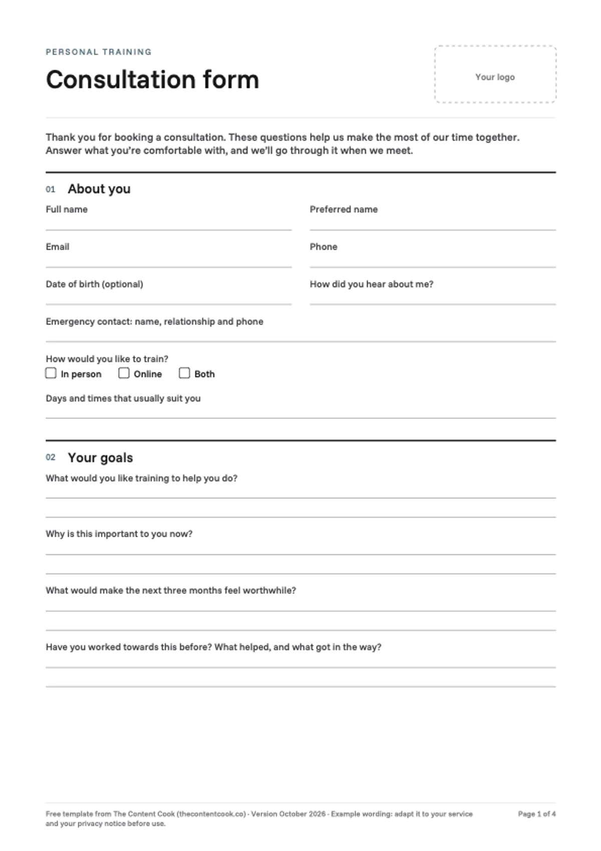 Page one of the free personal training consultation form: client details, goals and a space for your logo.