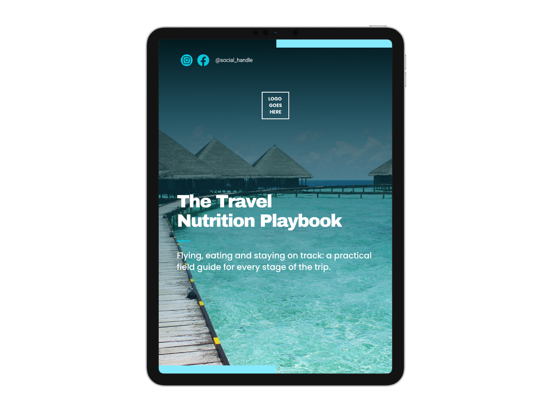 The Travel Nutrition Playbook displayed on a tablet, with space for a coach’s logo and social handle.