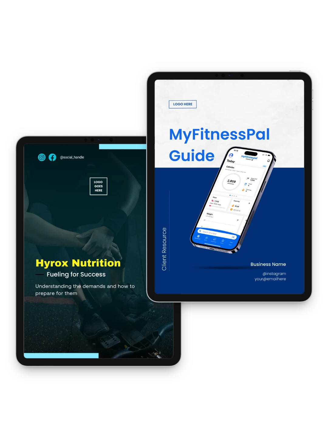MyFitnessPal Guide and Hyrox Nutrition educational guide covers displayed on two tablets