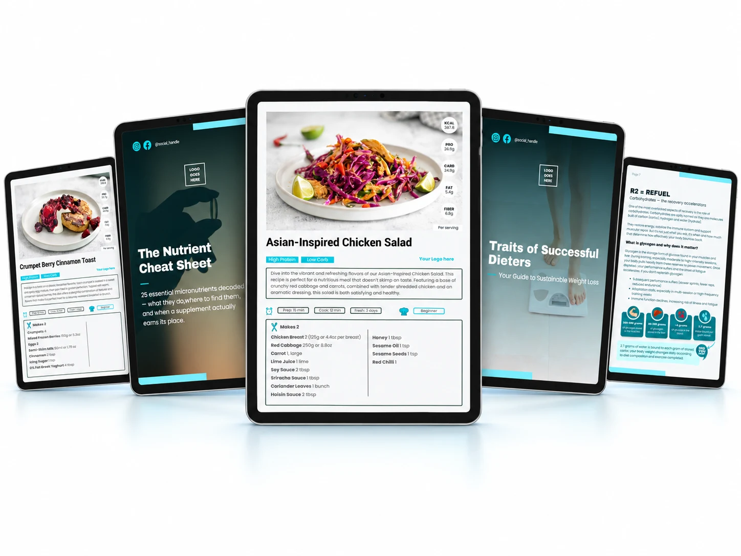 A preview of recipe books and nutrition guides displayed on tablets