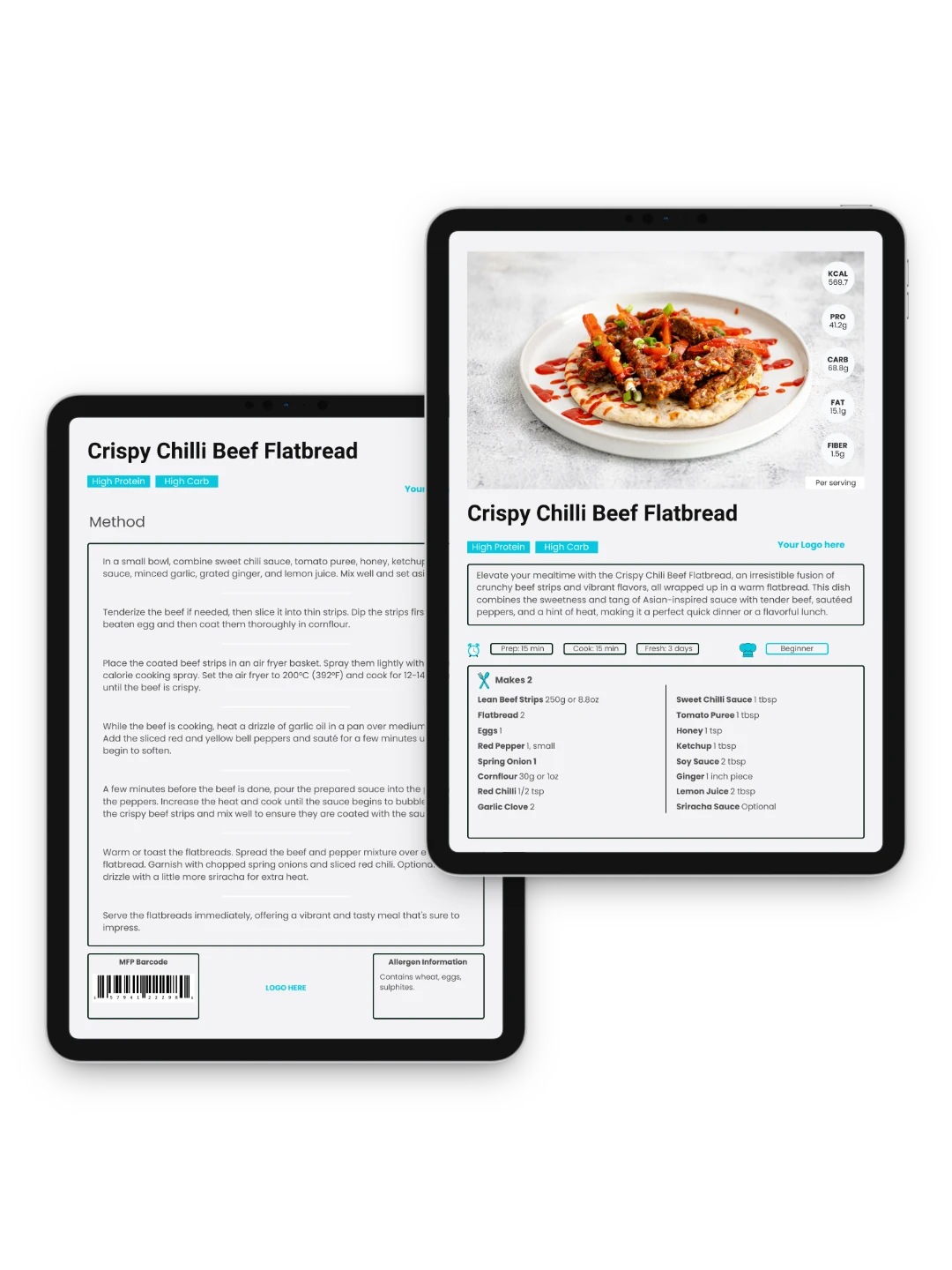 Crispy Chilli Beef Flatbread recipe preview showing ingredients, nutrition information and step-by-step method on two tablets