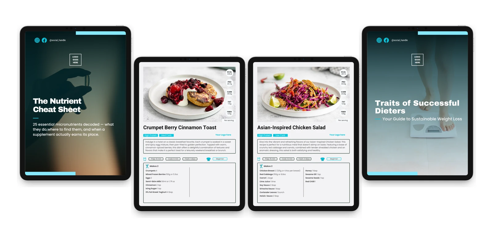 Four tablets showing Complete Coach Toolkit resources: two educational guide covers and two recipe pages, each with space for a coach’s logo.