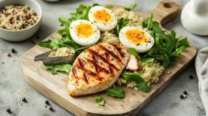 High-protein meal of grilled chicken breast, soft-boiled eggs and quinoa with rocket on a wooden board
