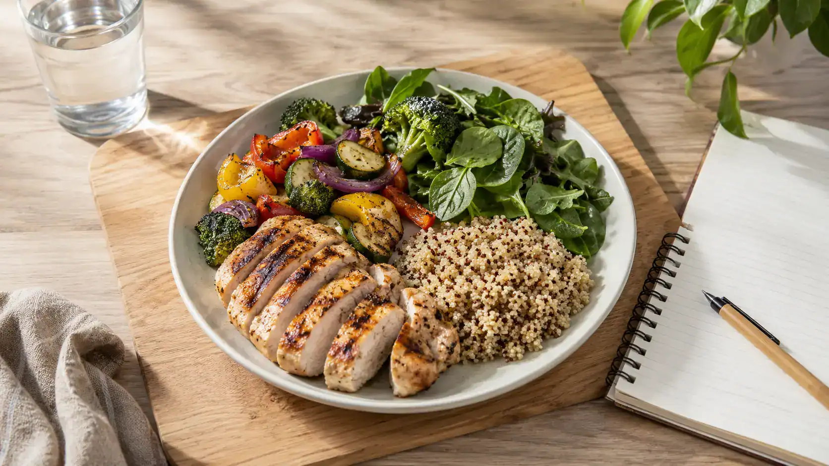 Balanced fat loss meal with grilled chicken, quinoa, roasted vegetables and fresh greens served on a light plate with a glass of water and notebook