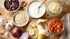 Selection of prebiotic and probiotic foods including natural yogurt sauerkraut kimchi oats banana garlic onion and beans on a wooden board