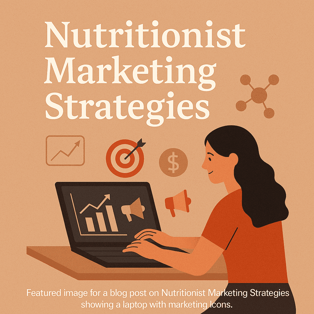 Illustration of a female nutritionist working on a laptop with graphs, a target symbol, and marketing icons, representing effective nutrition business strategies.