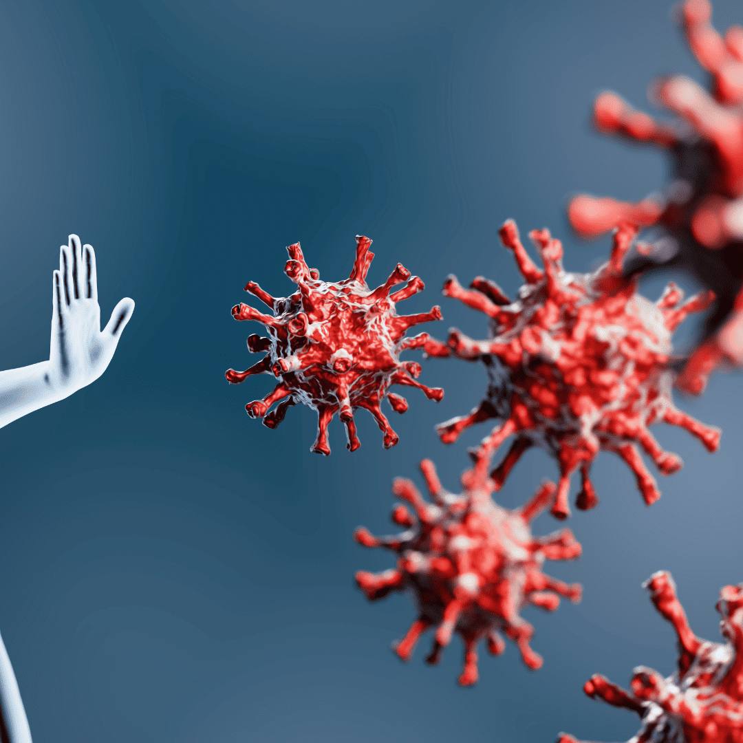 A hand fends off the incoming pathogens