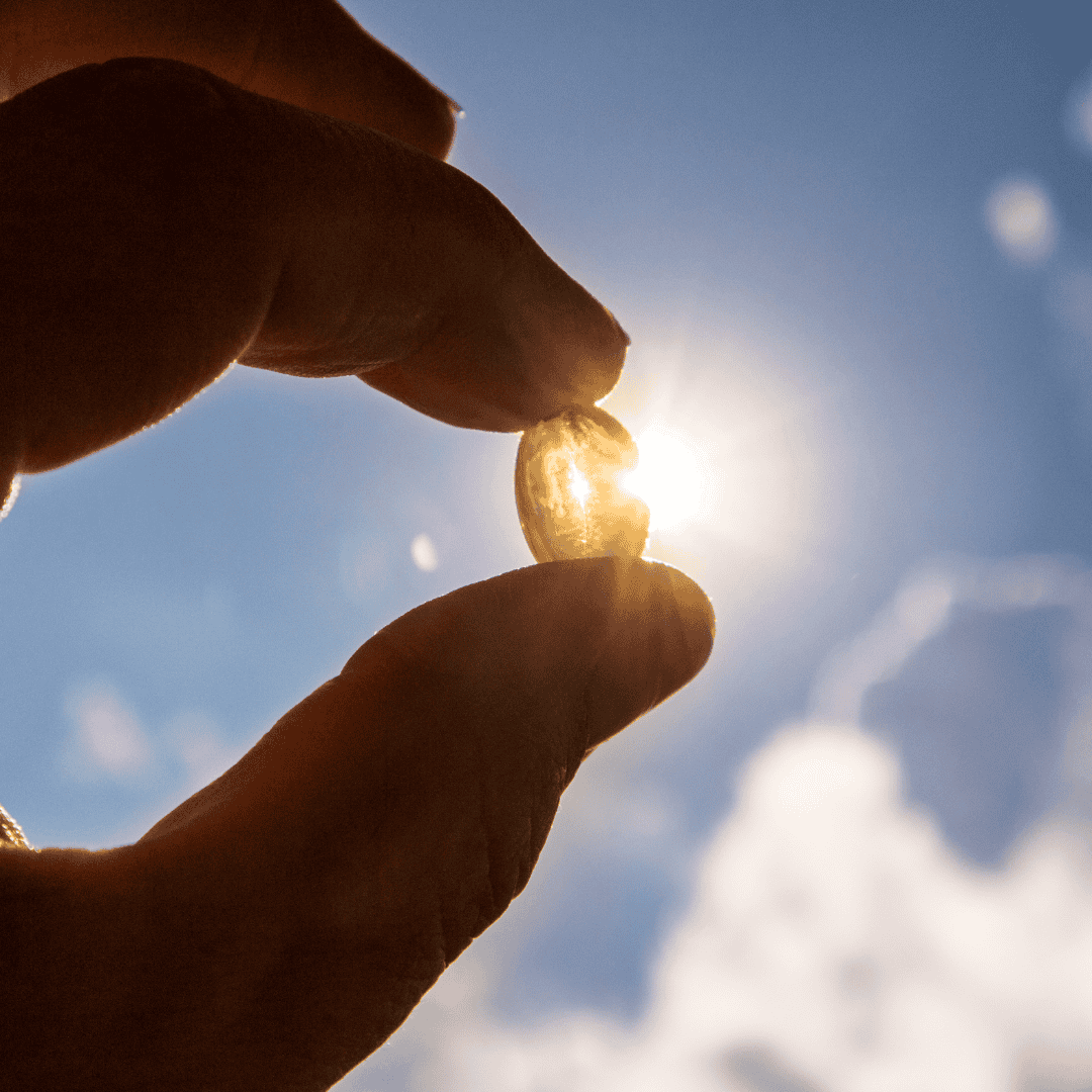 Close-up of a hand holding a vitamin D capsule against the backdrop of the sun, symbolizing the connection between sunlight and vitamin D synthesis.