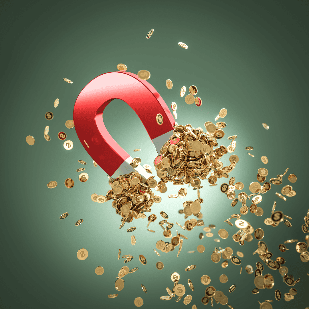 A vibrant image of a red magnet attracting golden coins, symbolizing the concept of lead magnets drawing in valuable customers and business opportunities.