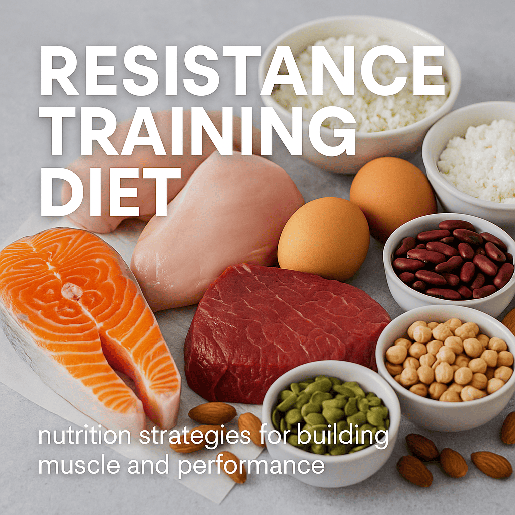 A selection of whole foods including salmon, chicken, steak, eggs, legumes, and grains displayed on a clean surface, with bold text overlay reading “Resistance Training Diet – nutrition strategies for building muscle and performance”