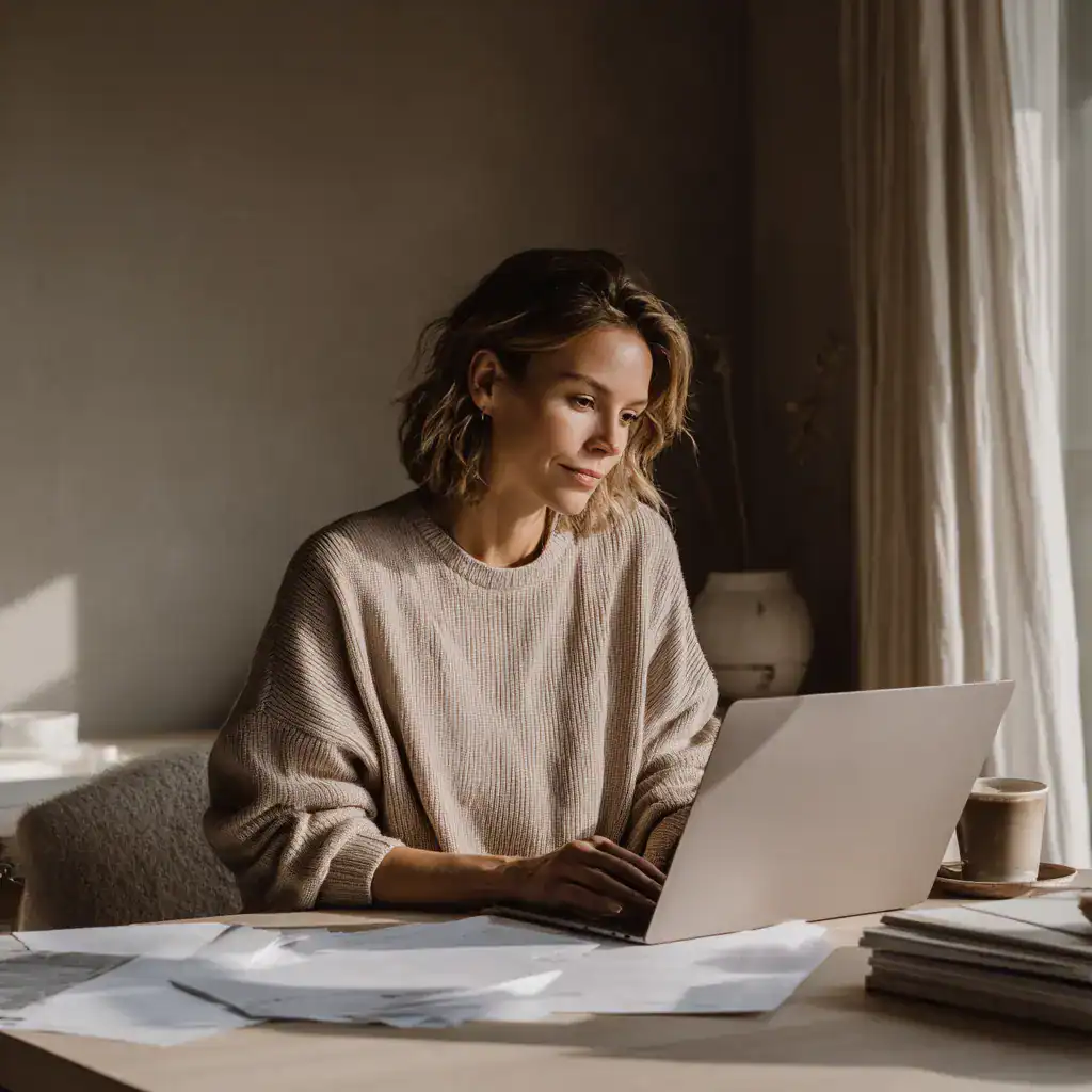 Nutrition coach reviewing coaching package pricing on a laptop at a desk with documents and coffee