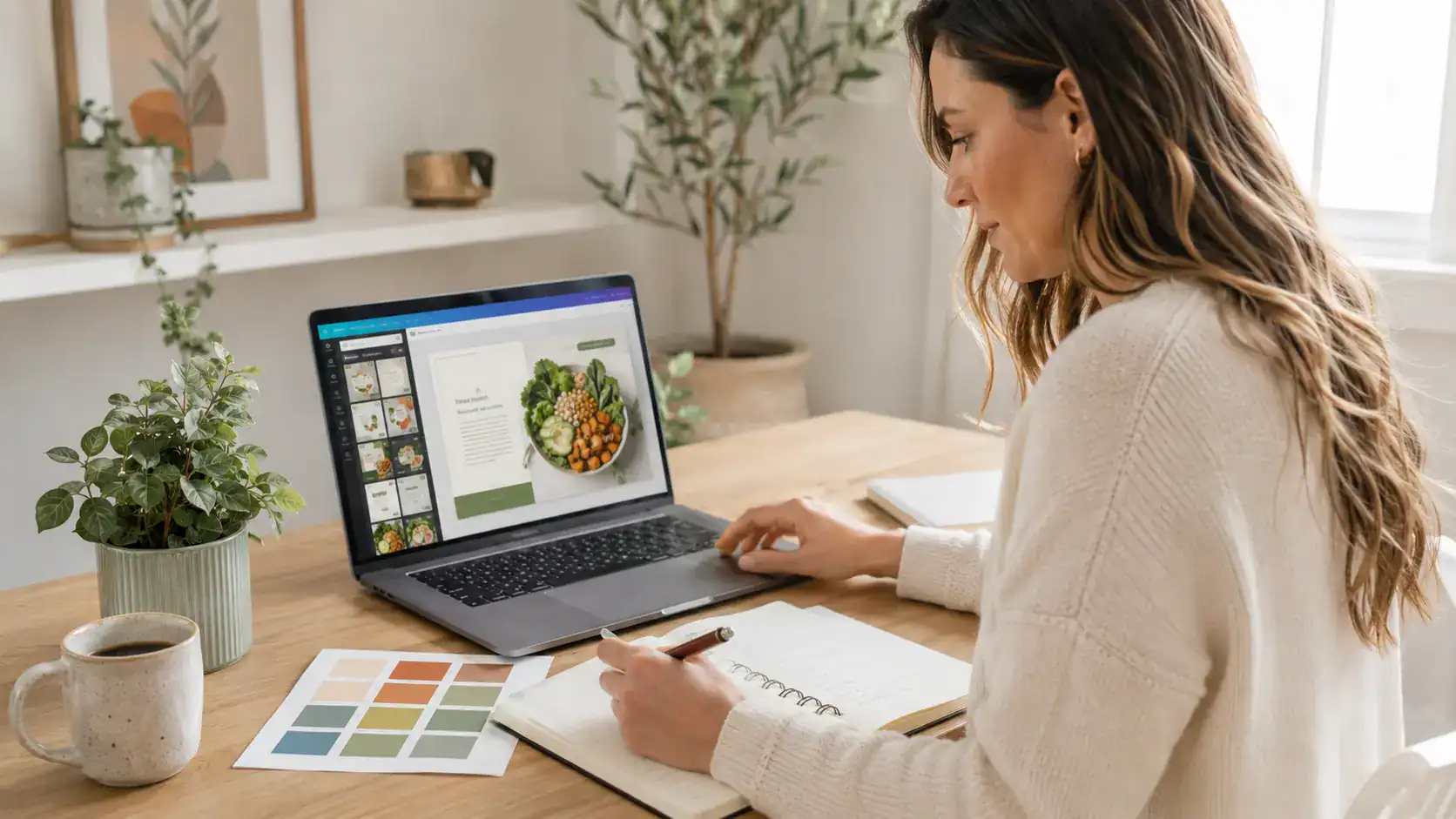 Nutrition coach designing a recipe card in Canva on a laptop with a colour palette and notebook on a sunlit desk